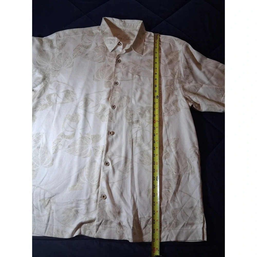Tommy Bahama Mens XL Silk Short Sleeve Button Down Camp Shirt Beige Leaf Print